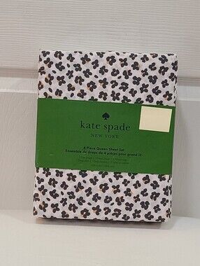 kate spade Queen White Sheet Set with Black and Gold Leopard Spots Floral